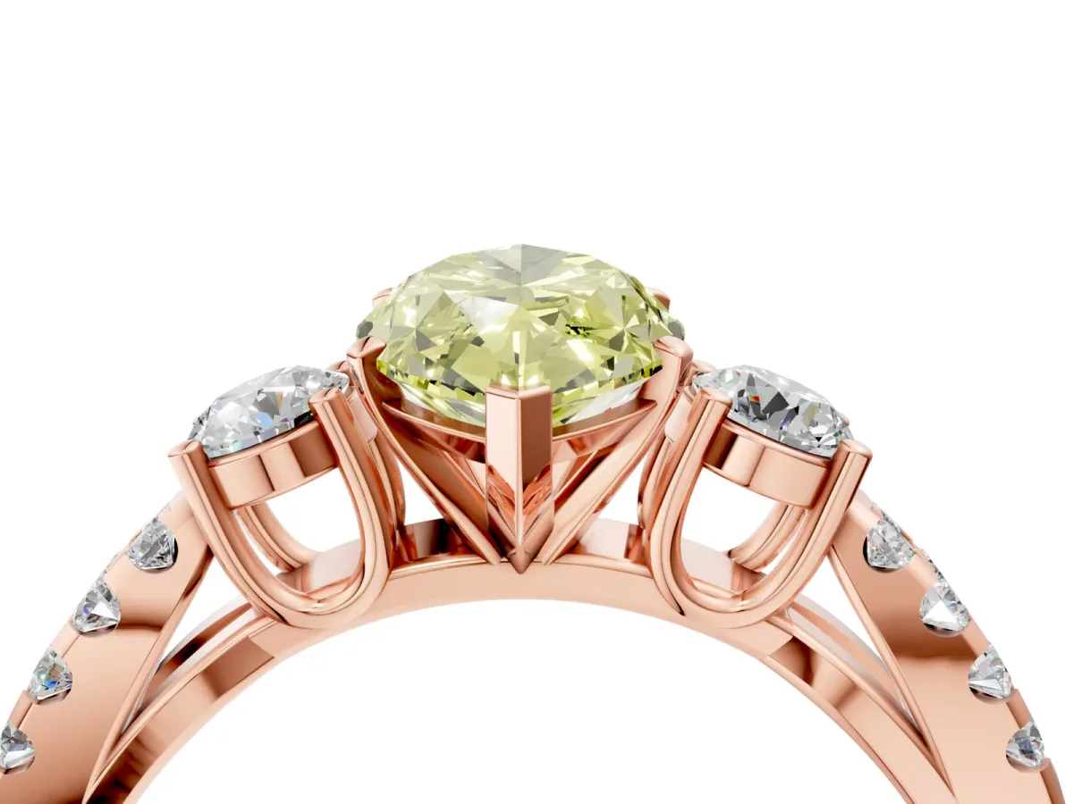 Fancy Yellow Marquise Cut Diamond Three-Stone Ring with Pavé Split Shank and Four-Prong Setting Rose gold