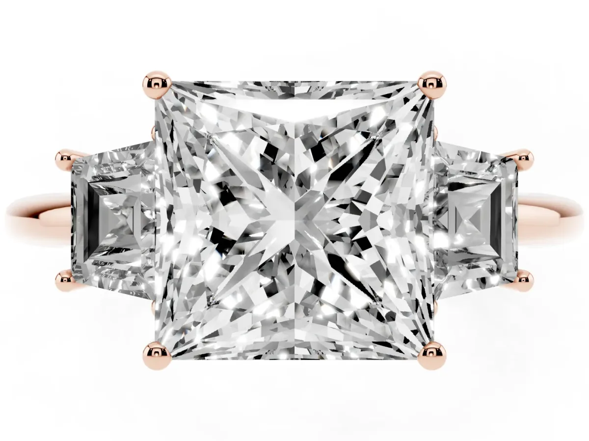 Princess Cut Diamond Three-Stone Ring with Trapezoid Side Stones and Prong Setting Rose gold