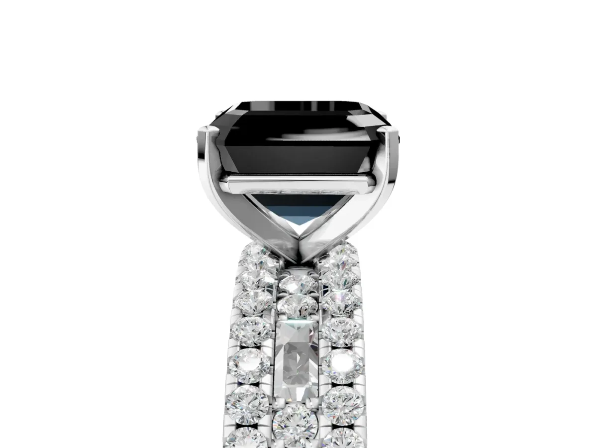 Fancy Black Asscher Cut Diamond Solitaire Ring with Pavé and Channel Set Band Platinum