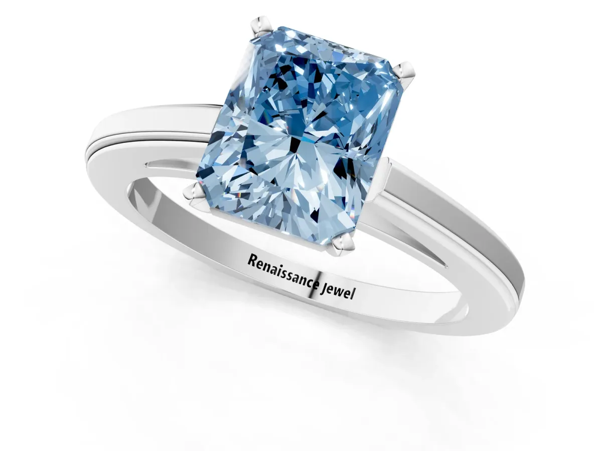 Fancy Blue Radiant Cut Solitaire Diamond Ring with Four-Prong Setting and Classic Band Platinum