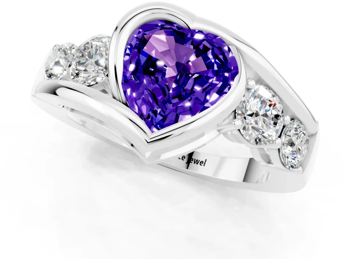 Bezel Set Heart Cut Tanzanite Bypass Ring with Round Accents Silver