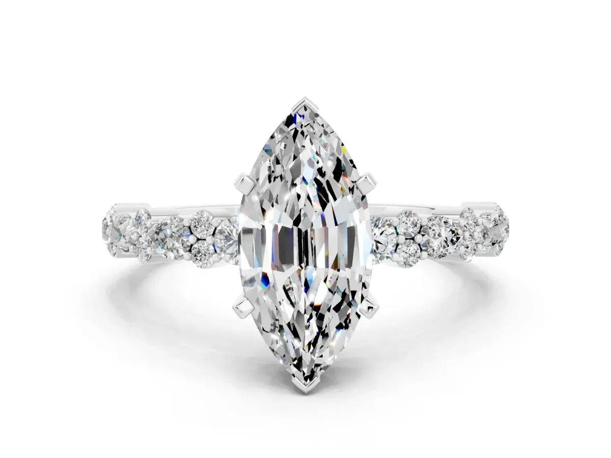 Marquise Cut Moissanite Side Stone Solitaire Ring with Round and Four-Prong Setting Silver