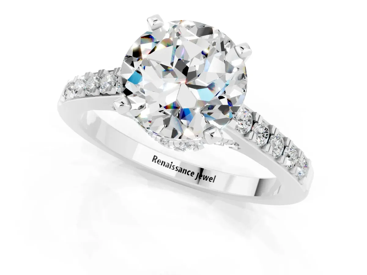 Round Cut Moissanite Solitaire Ring with Crossover Gallery and Round Pavé Band Silver