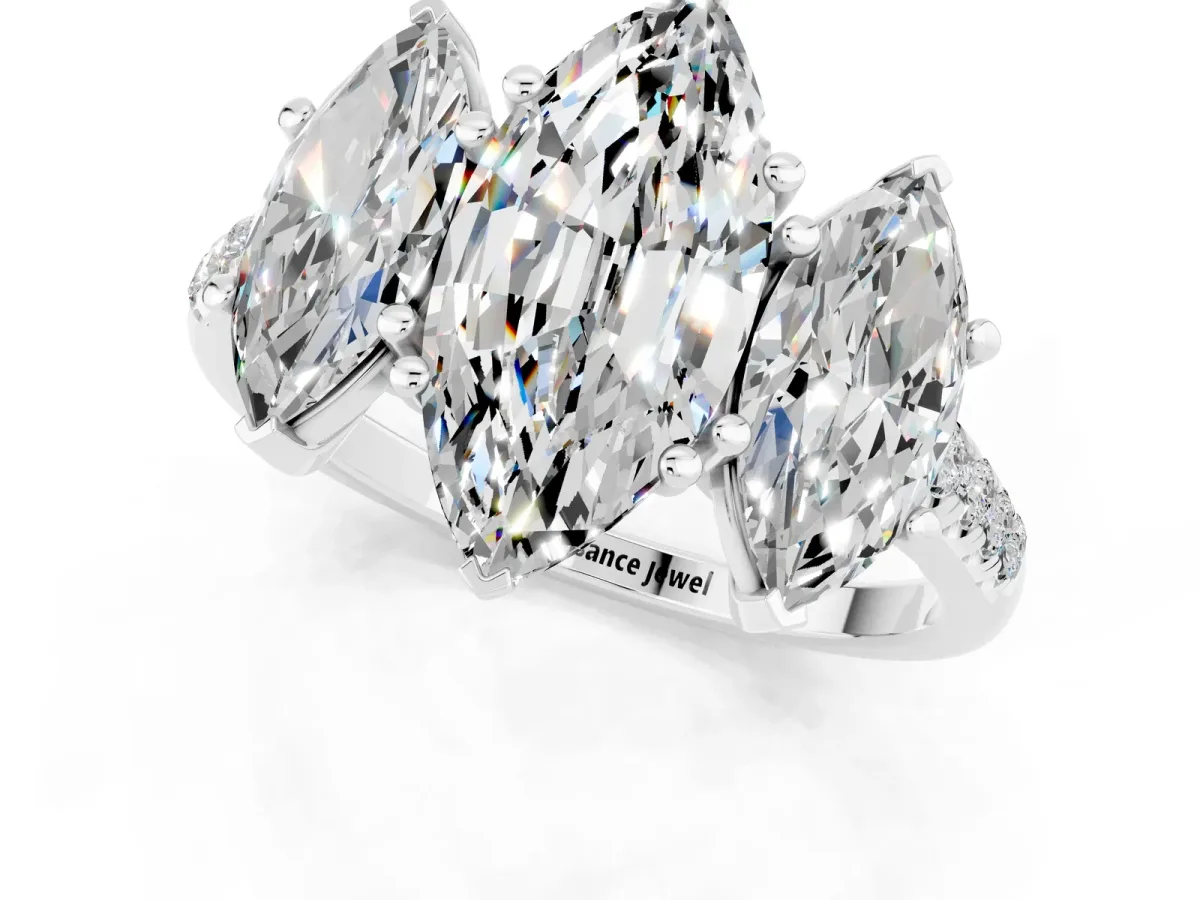 Three-Stone Marquise Cut Moissanite Ring with Round Pavé Band and Prong Setting Silver