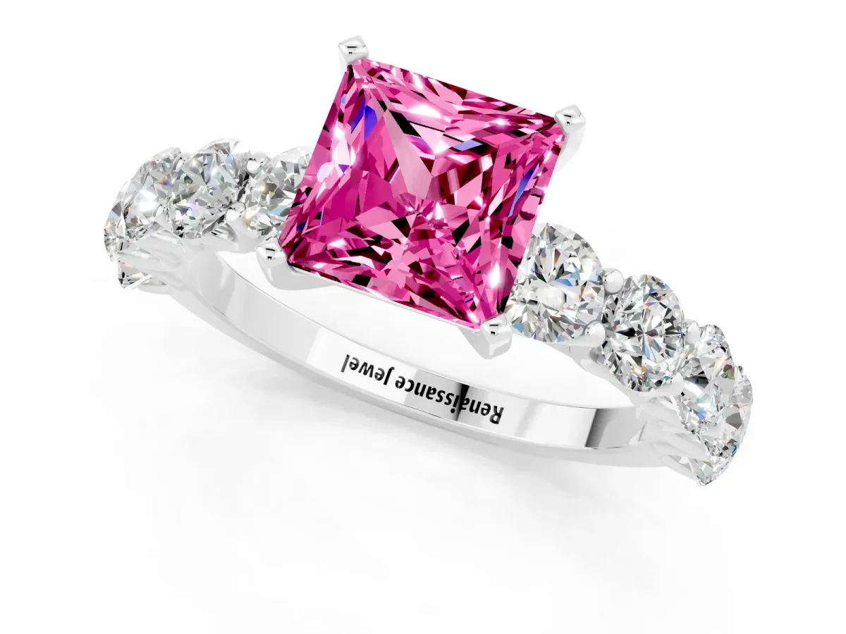 Princess Cut Pink Sapphire Prong Setting with Side Stones on a Pave Band Silver