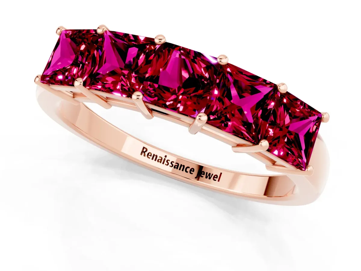 Princess Cut Five-Stone Garnet Band with Prong Setting Rose gold