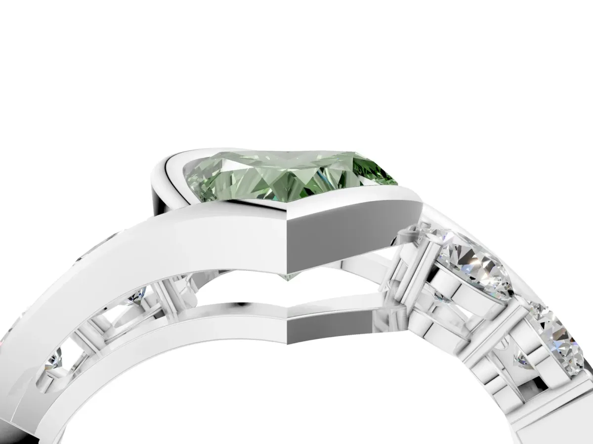 Fancy Green Bezel Set Heart Cut Diamond Bypass Ring with Round Accents Silver