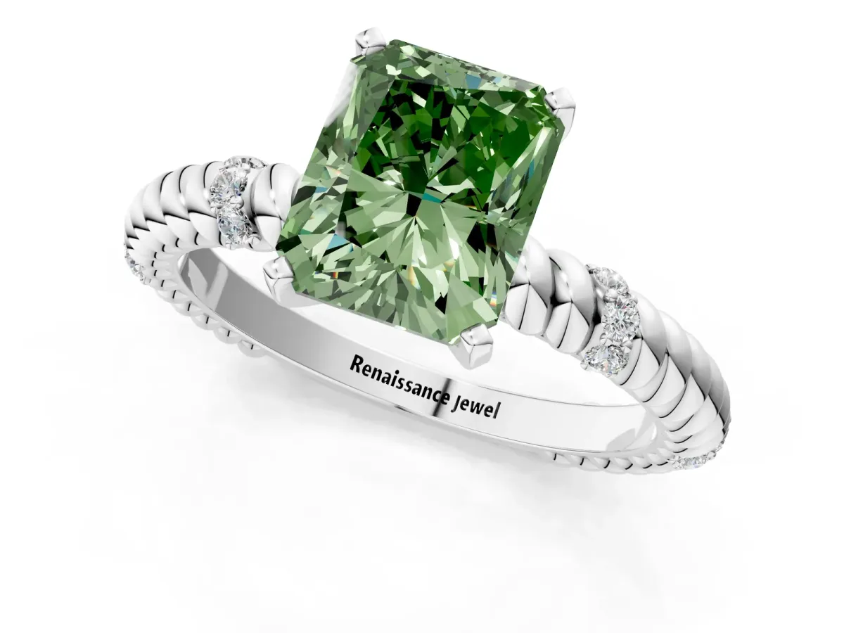 Fancy Green Radiant Cut Solitaire Twisted Band Prong Set Engagement Ring Silver