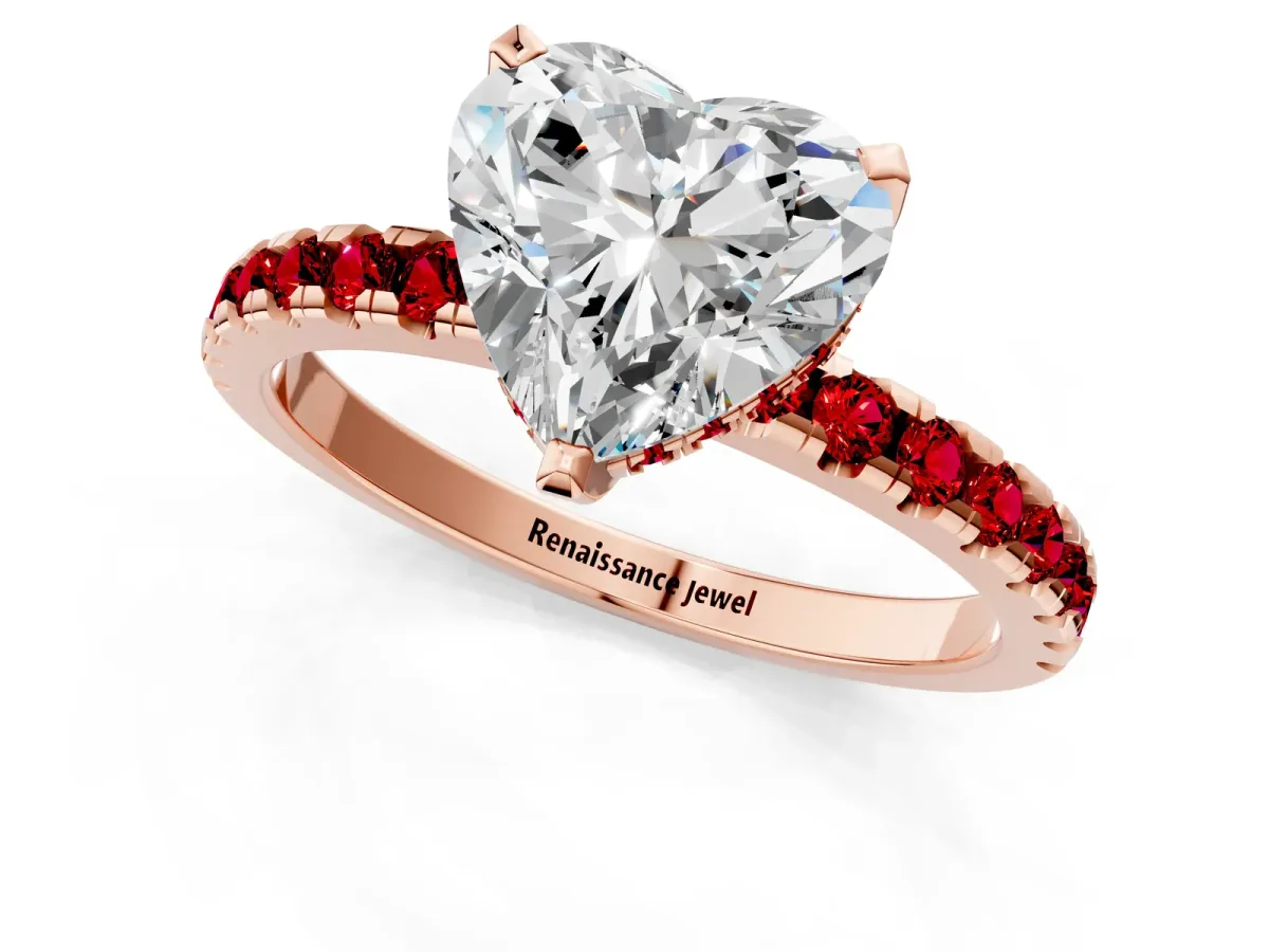 Heart Cut Diamond Solitaire Ring with Round Ruby Pavé Band and Four-Prong Setting Rose gold