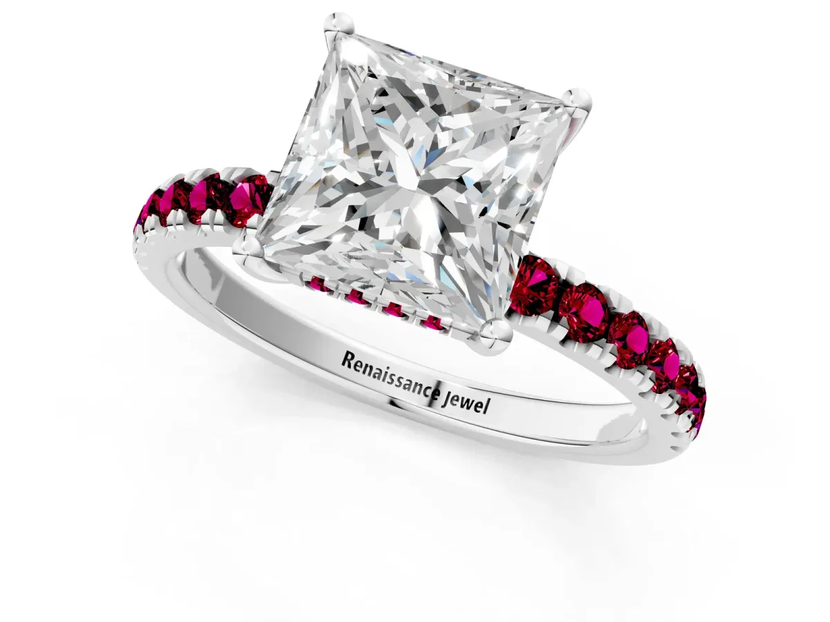 Princess Cut Diamond Pave Band Solitaire Ring with Round Garnet and Prong Setting Silver