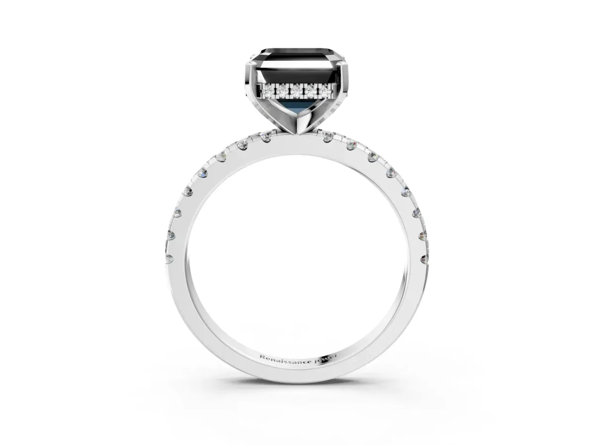 Fancy Black Asscher Cut Diamond Solitaire Ring with Round Pavé Band and Four-Prong Setting Silver