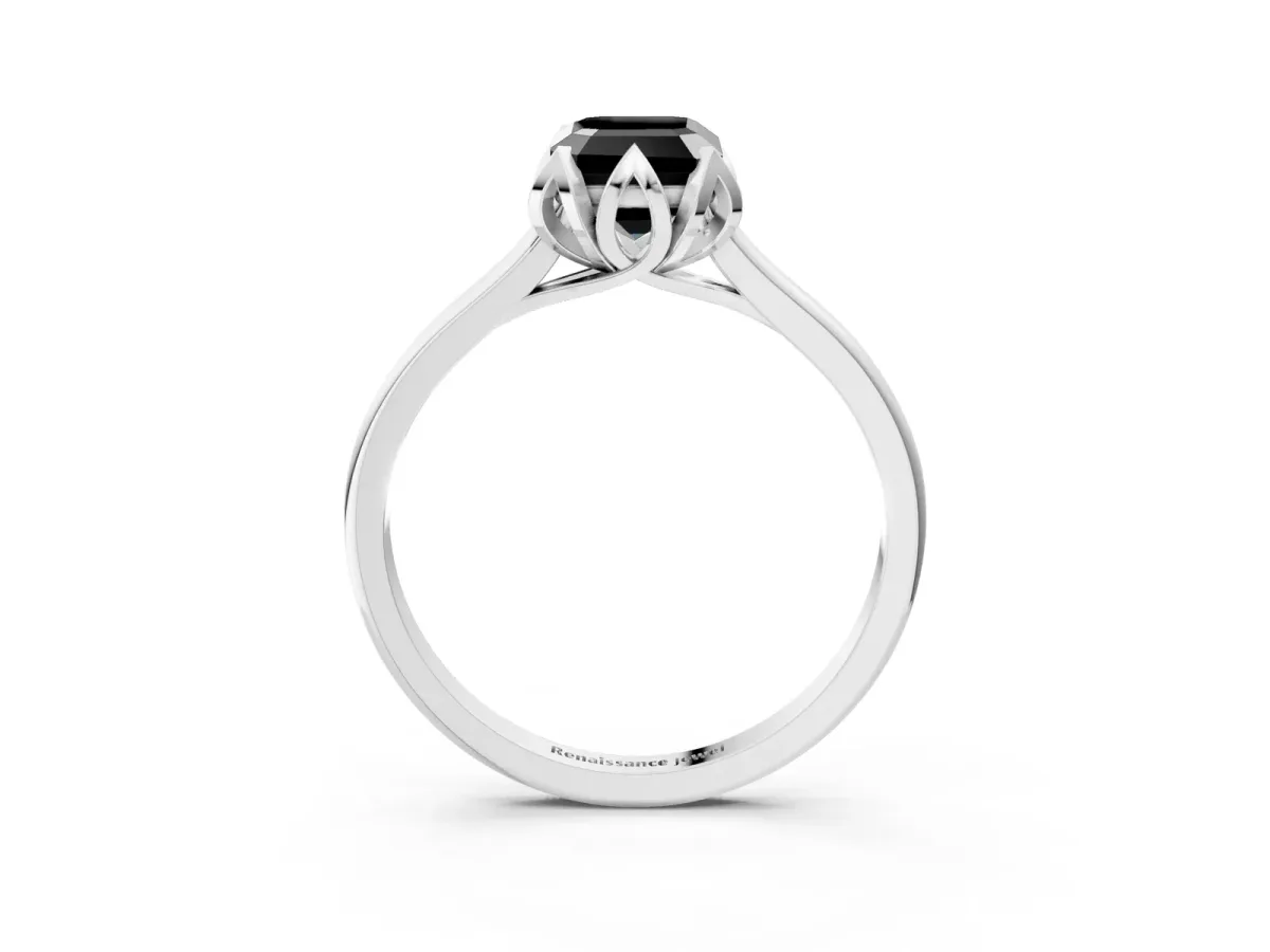 Fancy Black Emerald Cut Diamond Solitaire Ring with Flower Prong Setting and Classic Band White gold