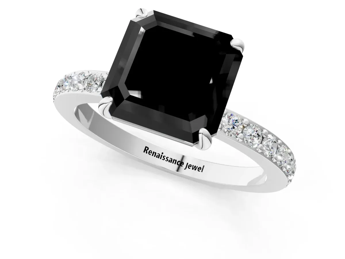Fancy Black Asscher Cut Diamond Solitaire Engagement Ring with Pavé Band and Four-Prong Setting Silver
