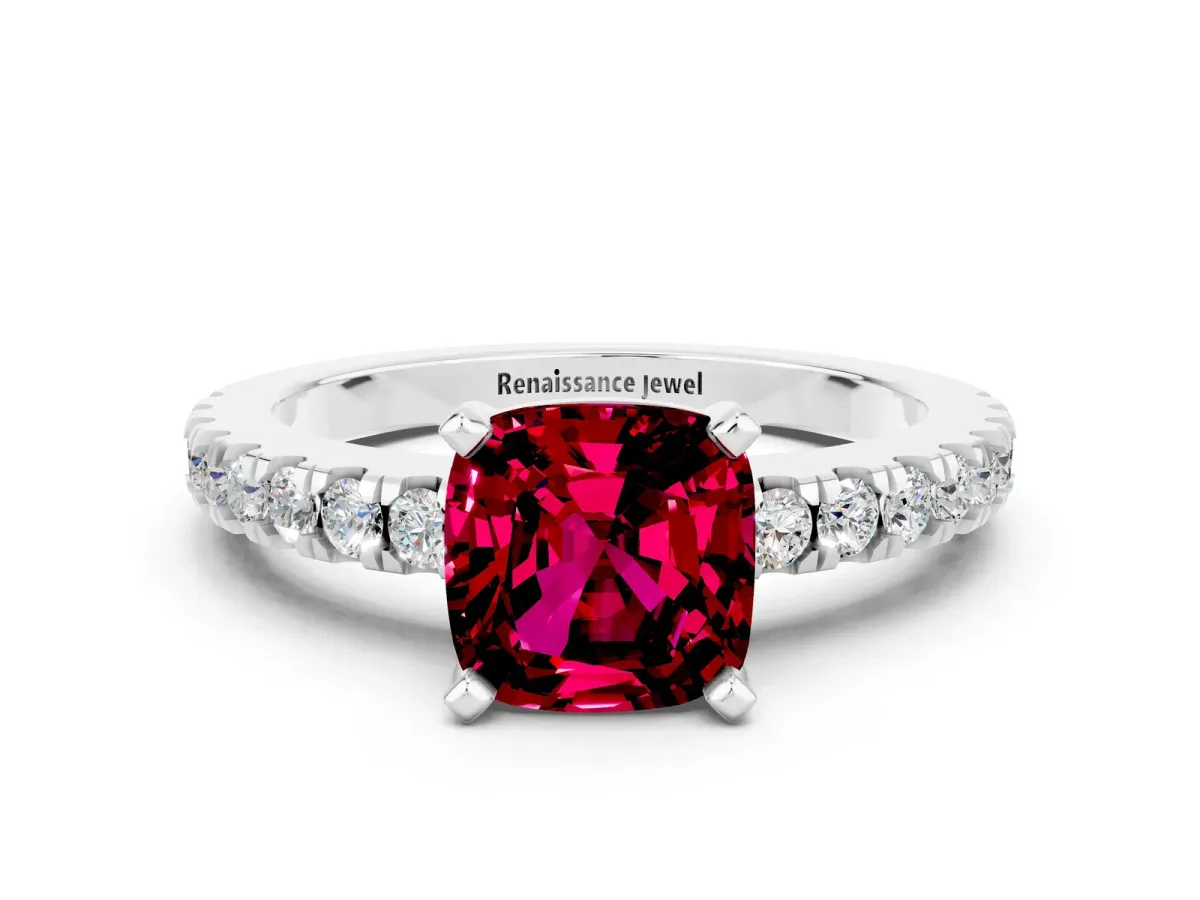 Cushion Cut Solitaire Garnet with Pavé Band and Four-Prong Setting Silver