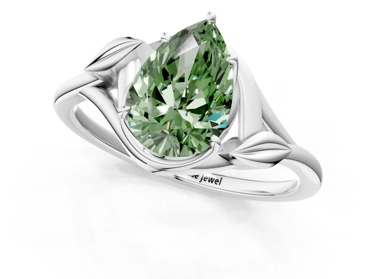 Fancy Green Pear Cut Diamond Solitaire Ring with Twist Band and Four-Prong Setting Platinum
