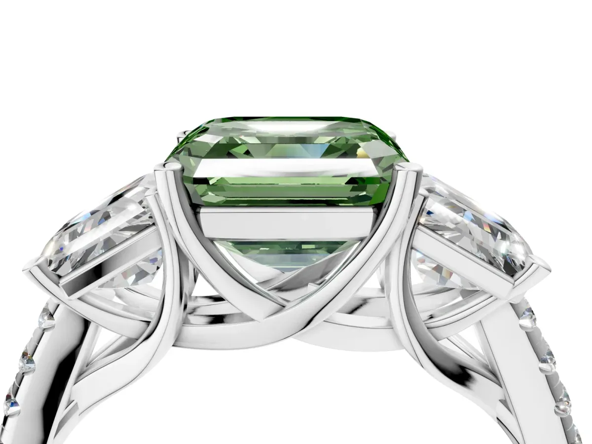 Fancy Green Three-Stone Asscher Cut Diamond Ring with Round Pavé Band and Prong Setting Silver