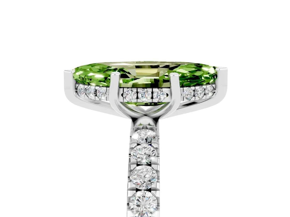 Marquise Cut Peridot Pave Band Solitaire Ring with Round and Prong Setting Platinum
