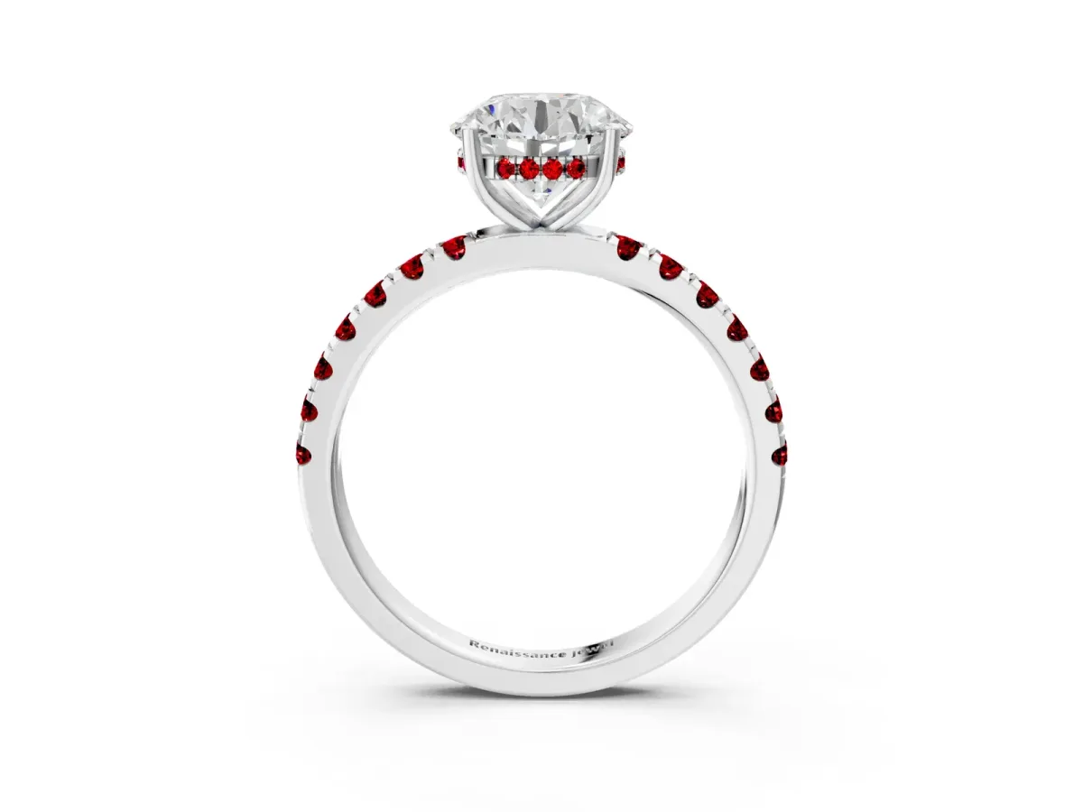 Round Cut Diamond Pave Band Solitaire Ring with Round Tanzanite and Prong Setting Platinum