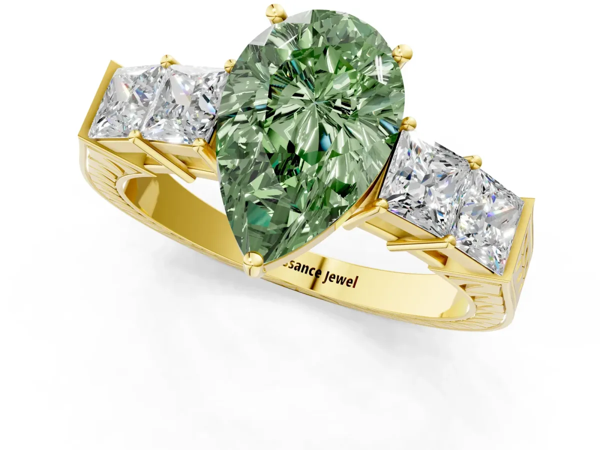 Fancy Green Pear Cut Solitaire Princess Side Stone Engraved Band Prong Setting Ring Yellow gold
