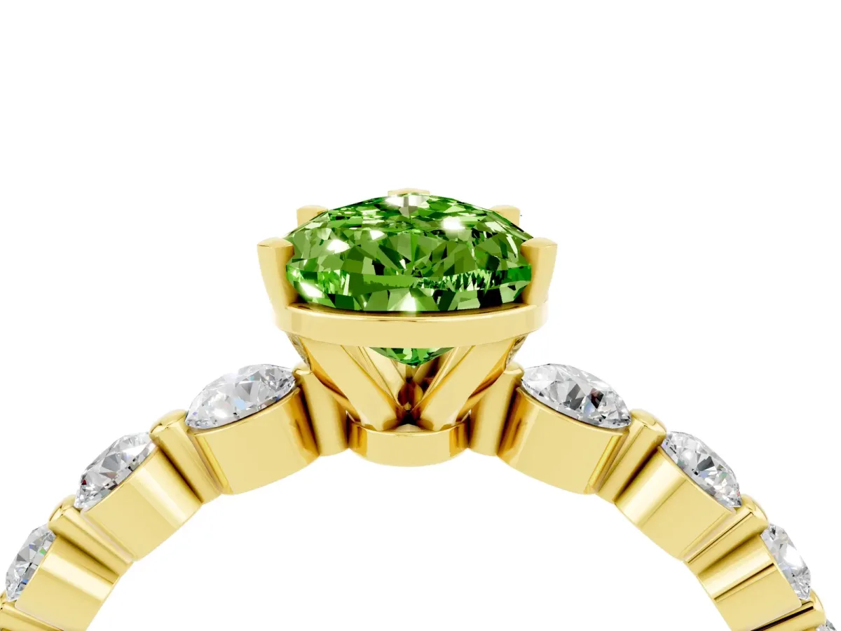Pear Cut Solitaire Peridot Ring with Pave Band and Four-Prong Setting Yellow gold