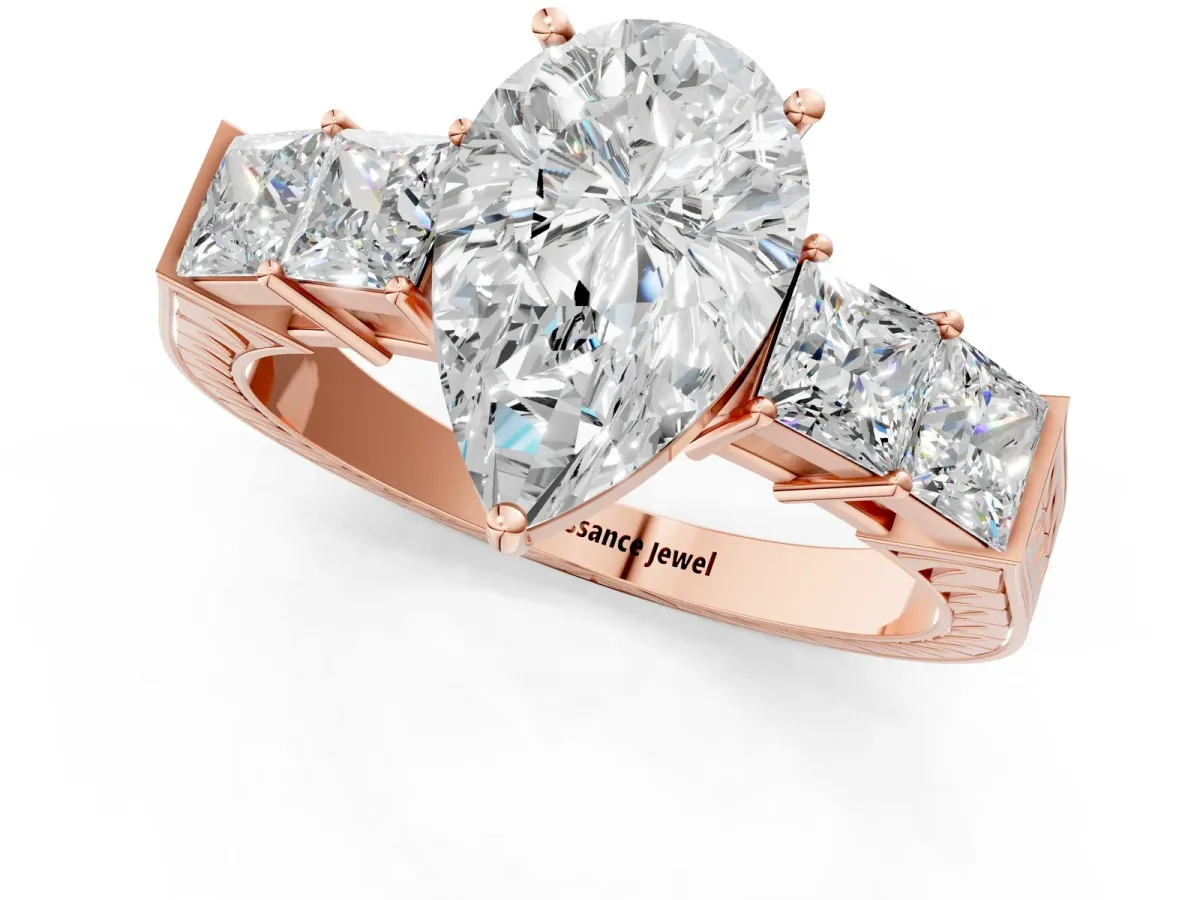Pear Cut Solitaire Princess Side Stone Engraved Band Prong Setting Ring Rose gold