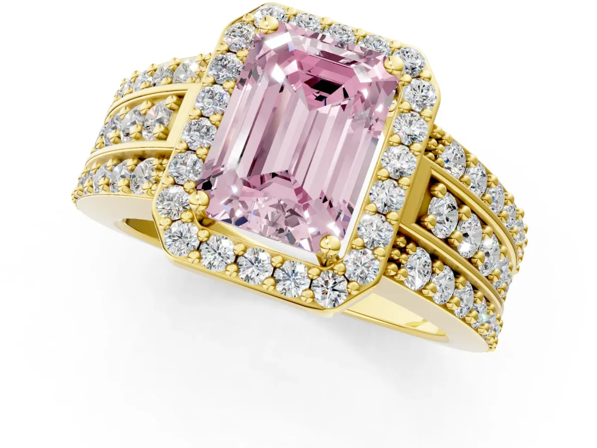 Fancy Pink Emerald Cut Halo Diamond Ring with Round Split Shank and Prong Setting Yellow gold