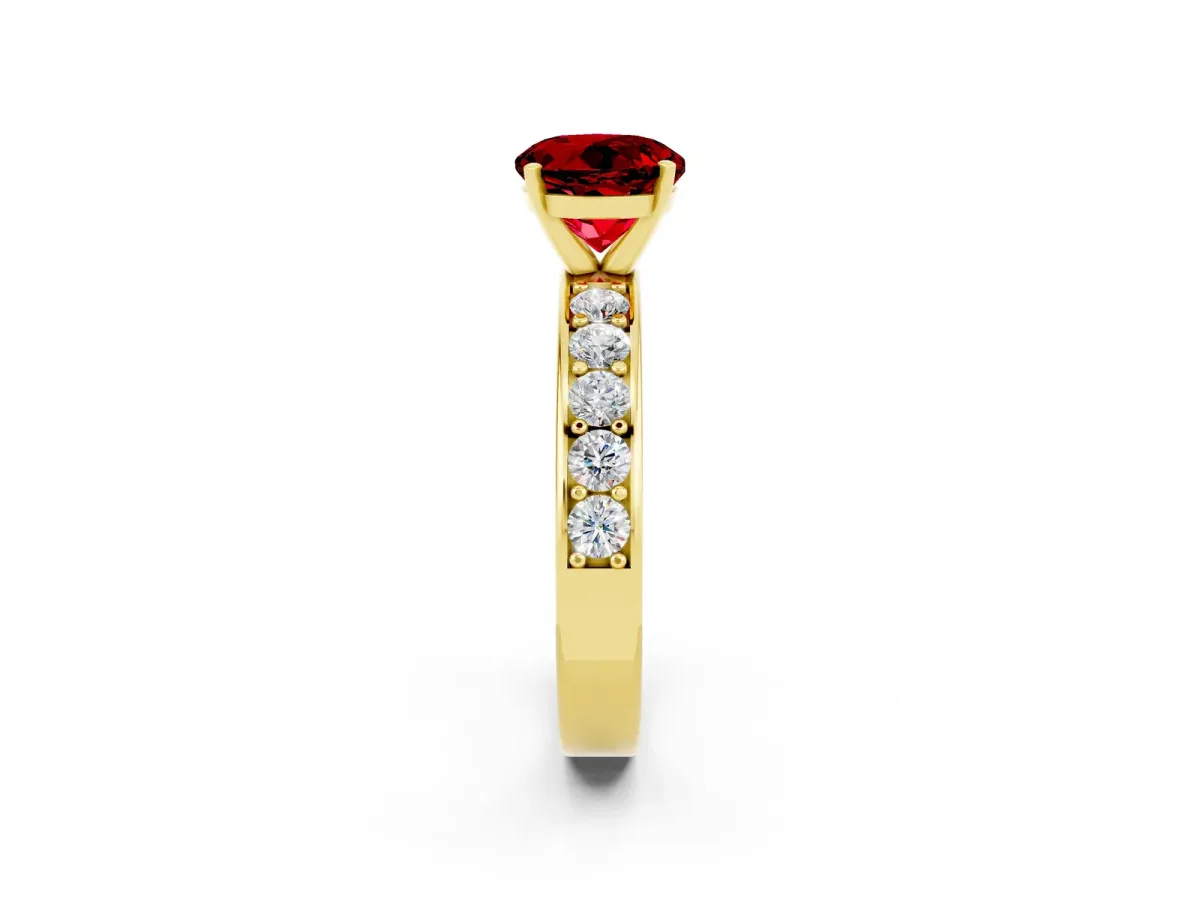 Round Cut Ruby Engagement Ring with Channel Set Round Band and Prong Setting Yellow gold