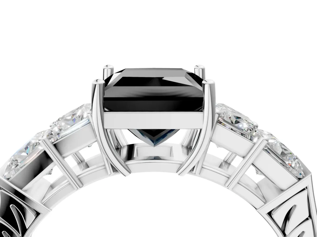 Fancy Black Princess Cut Solitaire Princess Side Stone Engraved Band Prong Setting Ring Silver