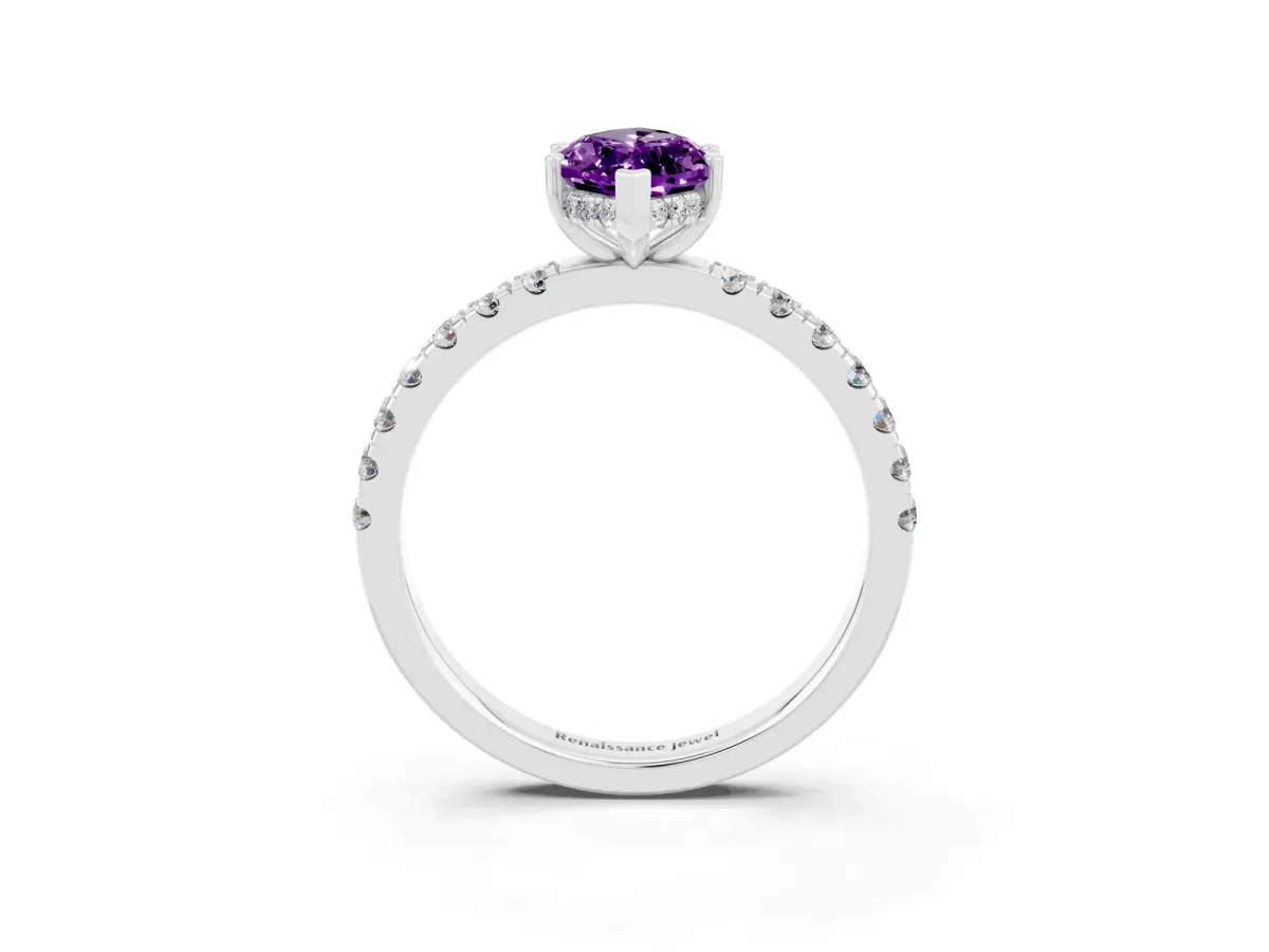 Marquise Cut Amethyst Pave Band Solitaire Ring with Round and Prong Setting Platinum