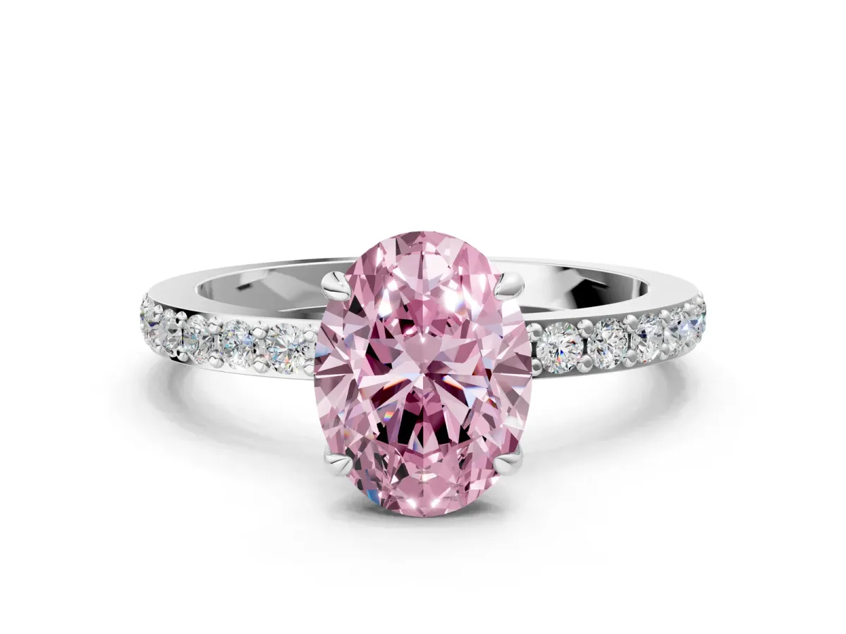 Fancy Pink Oval Cut Diamond Solitaire Engagement Ring with Pavé Band and Four-Prong Setting Silver