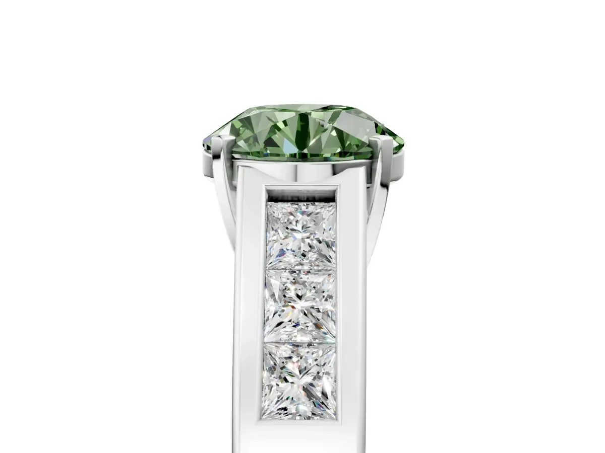 Fancy Green Round Cut Cut Channel Set Solitaire Ring with Four-Prong Setting Platinum