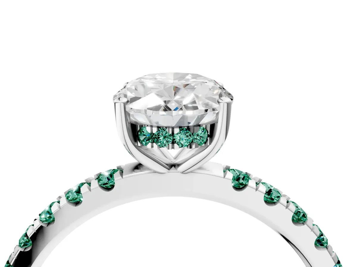 Oval Cut Diamond Pave Band Solitaire Ring with Round Green Sapphire and Prong Setting Silver
