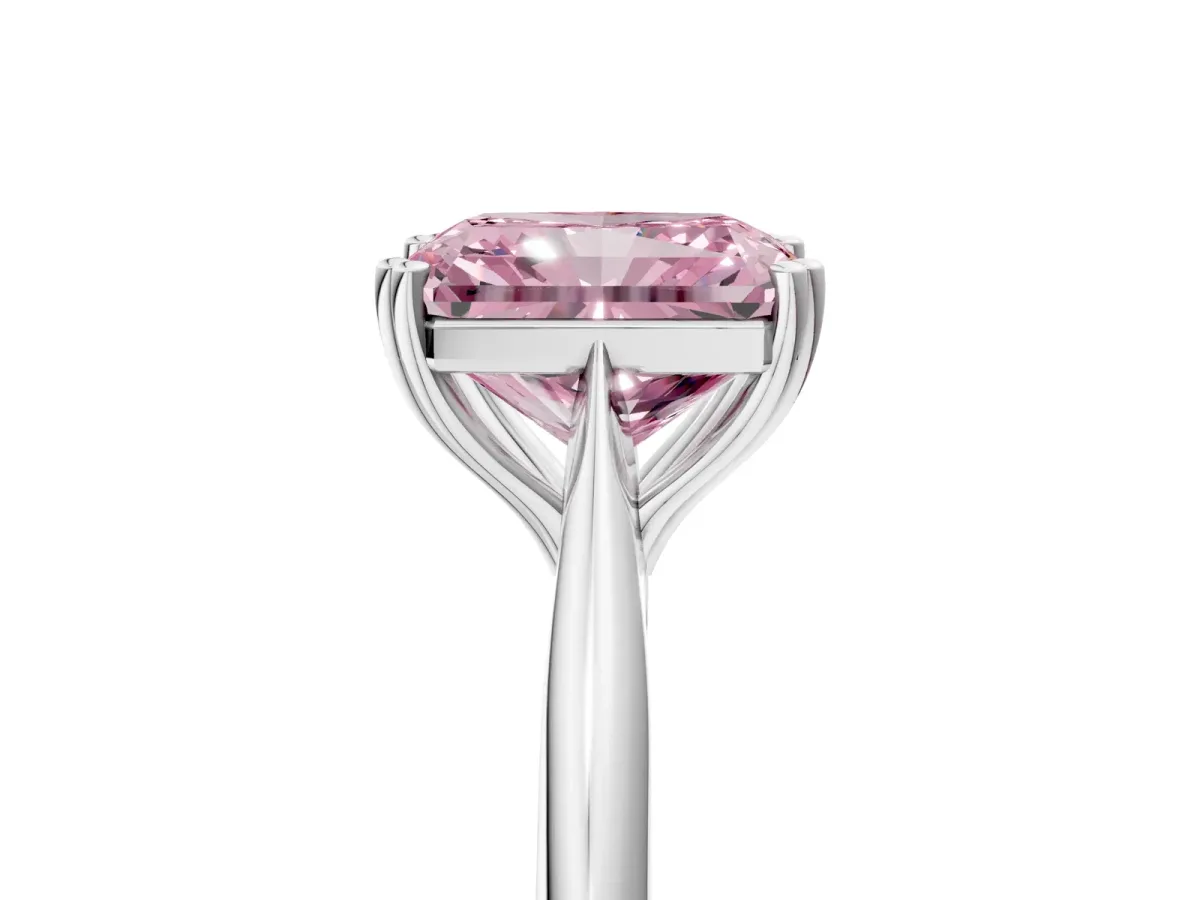 Fancy Pink Radiant Cut Solitaire Diamond Ring with Six-Prong Setting and Classic Band Platinum