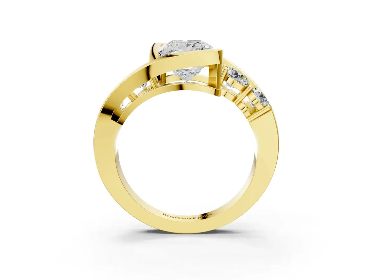 Bezel Set Princess Cut Diamond Bypass Ring with Round Accents Yellow gold