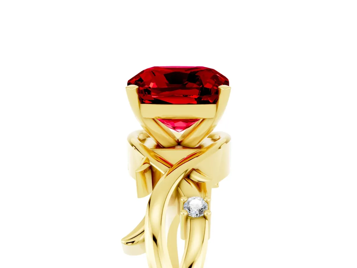 Cushion Cut Ruby Solitaire Ring with Twisted Band and Prong Setting Yellow gold