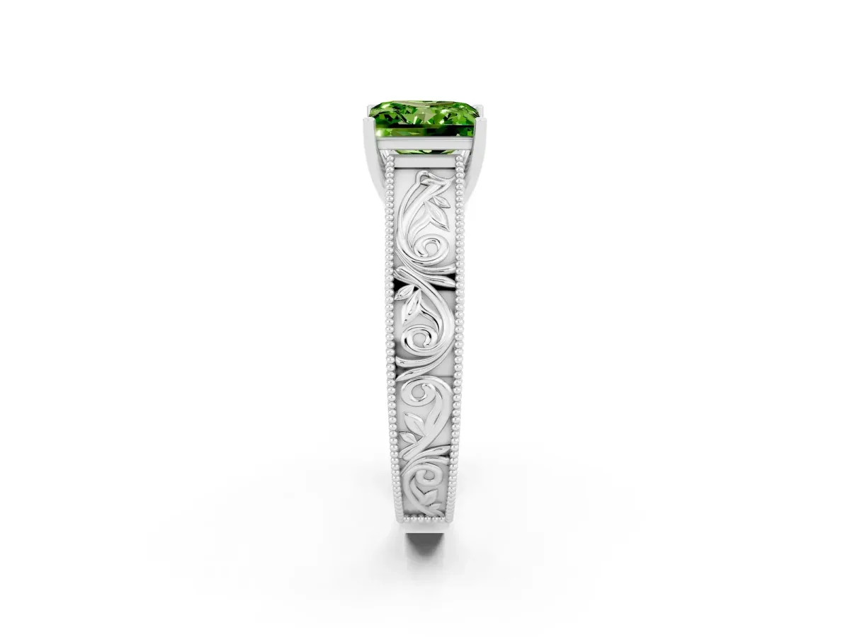Princess Cut Peridot Solitaire Ring with Engraved Band and Four-Prong Setting White gold