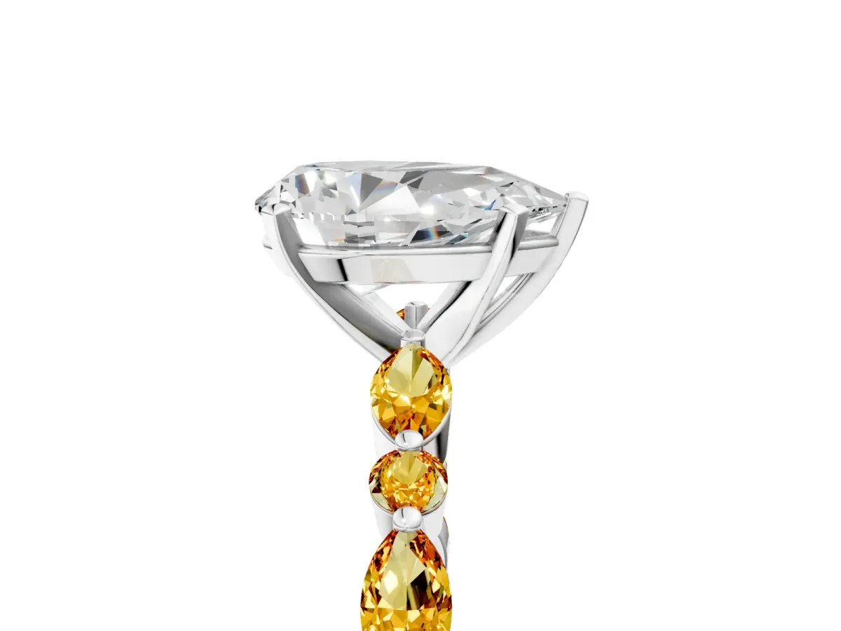 Pear Cut Diamond Ring with Marquise and Round Citrine Side Stones and Four-Prong Setting Silver