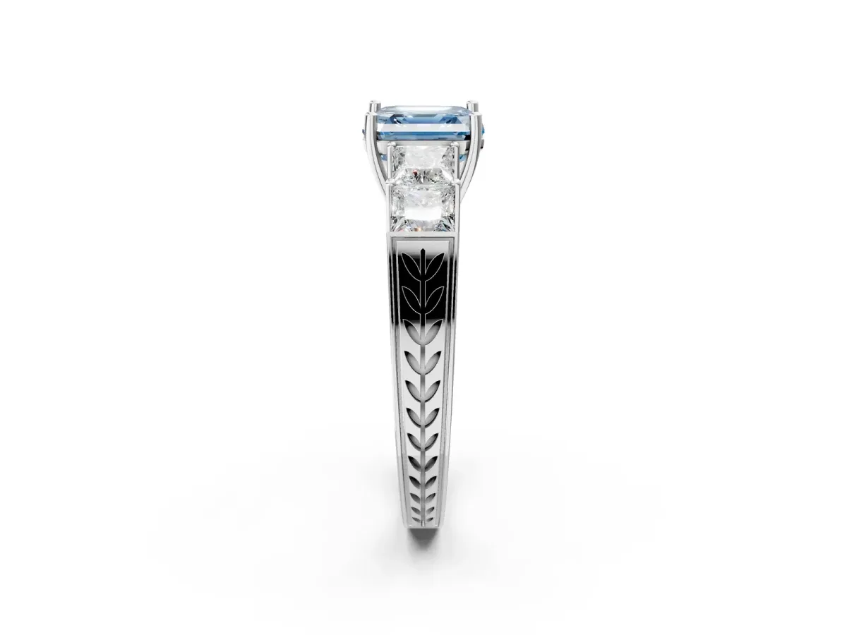Fancy Blue Asscher Cut Solitaire Princess Side Stone Engraved Band Prong Setting Ring Platinum