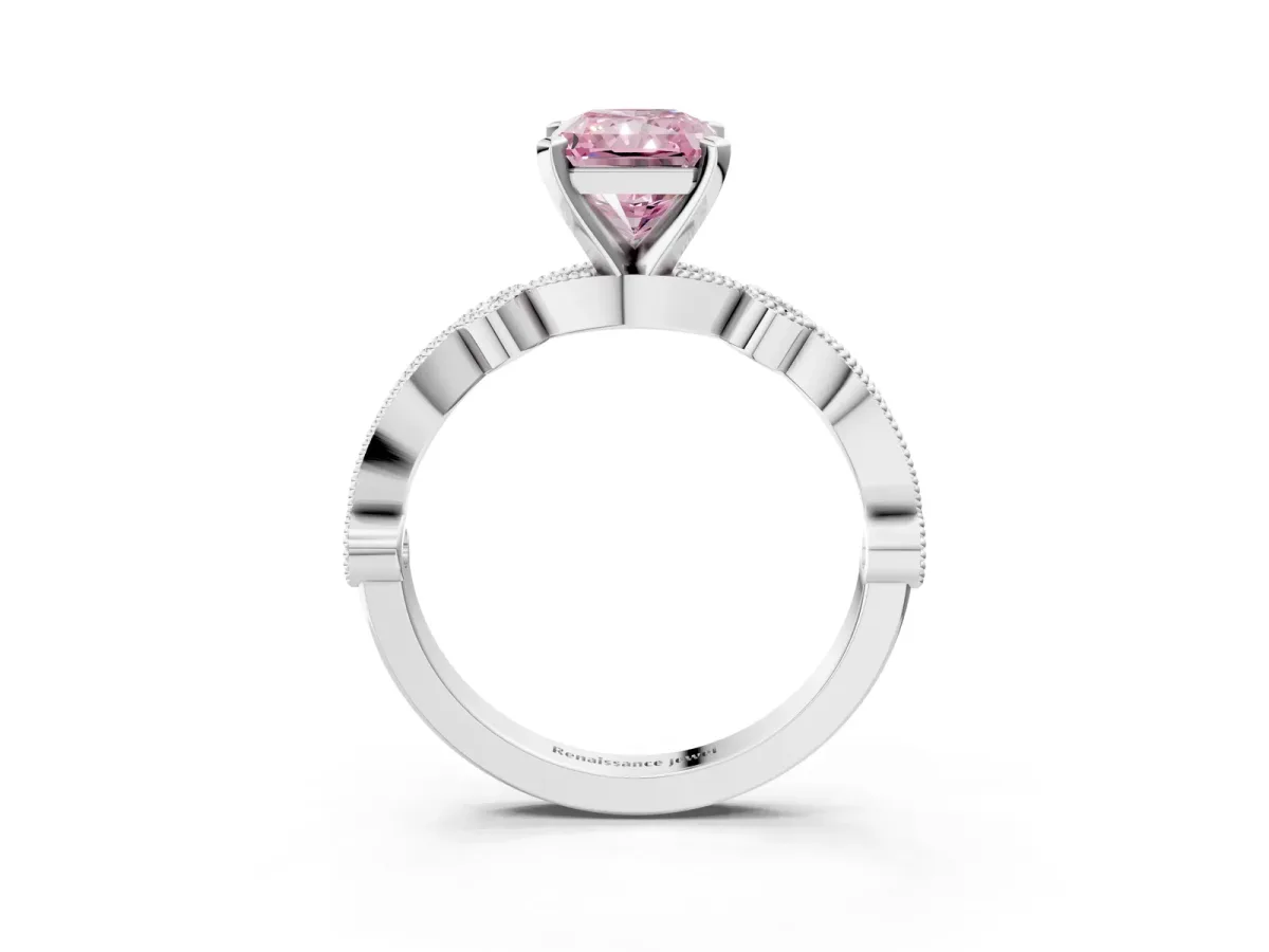 Fancy Pink Radiant Cut Milgrain Bezel Diamond Engagement Ring with Solitaire Prong Setting Platinum