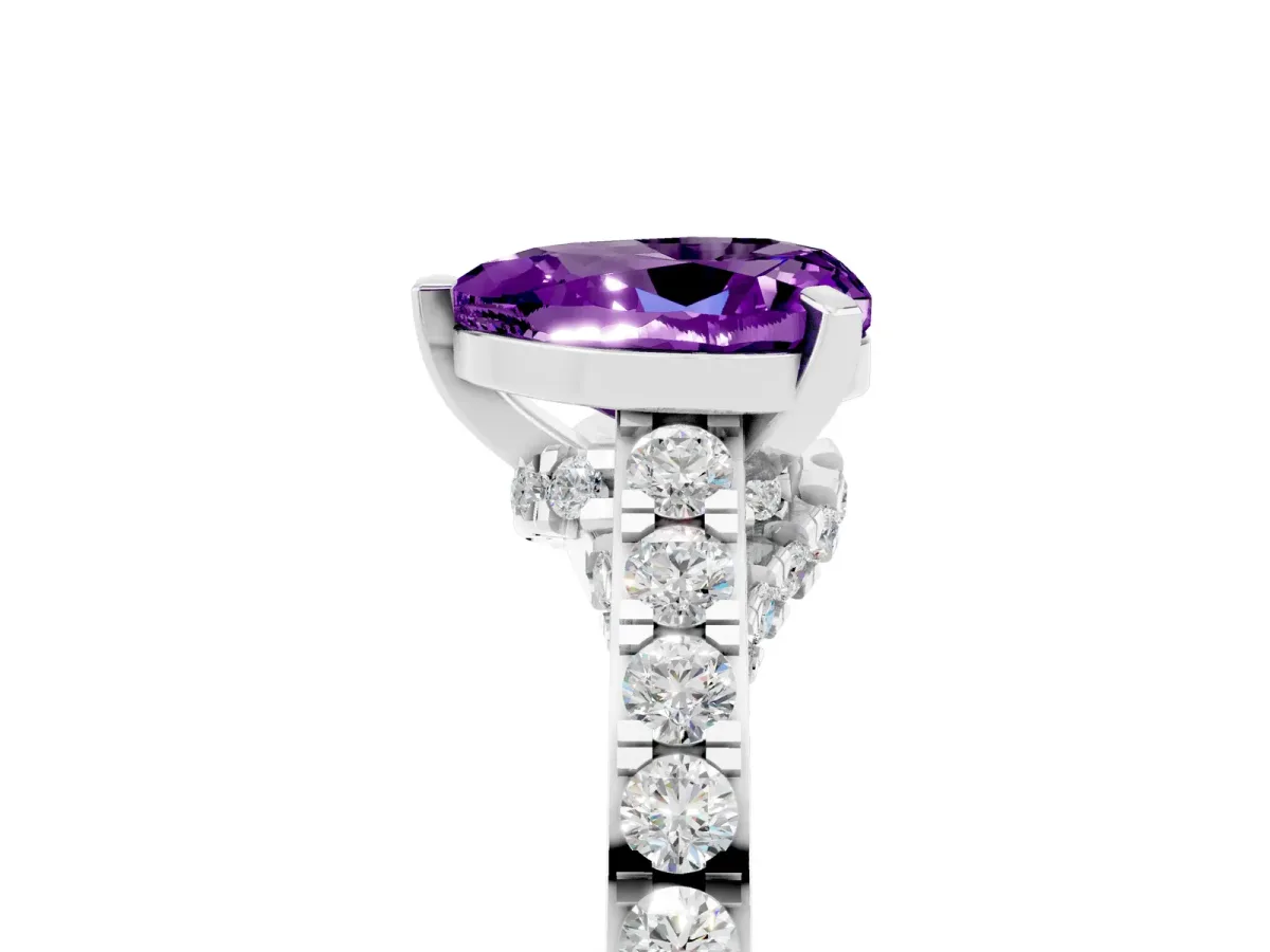 Heart Cut Amethyst Solitaire Ring with Crossover Gallery and Round Pavé Band Silver