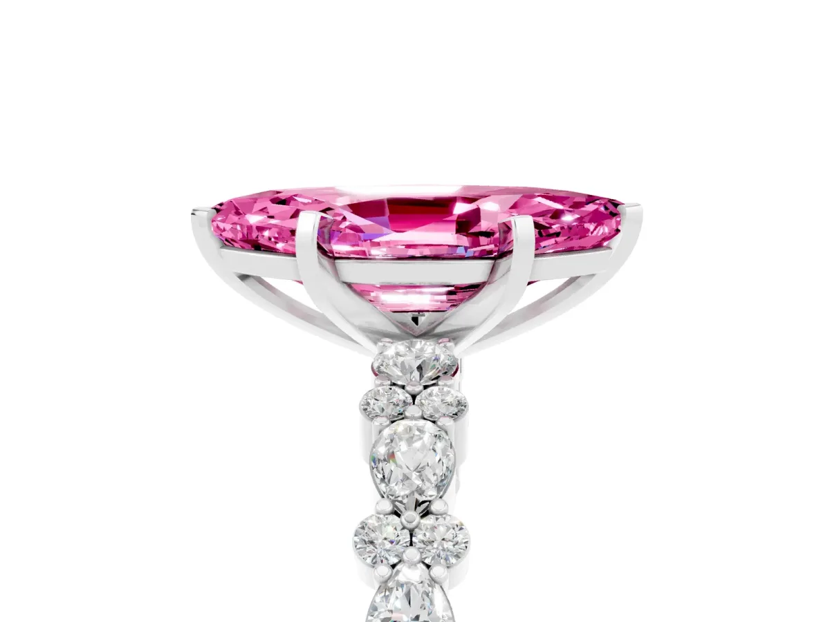 Marquise Cut Pink Sapphire Side Stone Solitaire Ring with Round and Four-Prong Setting Platinum