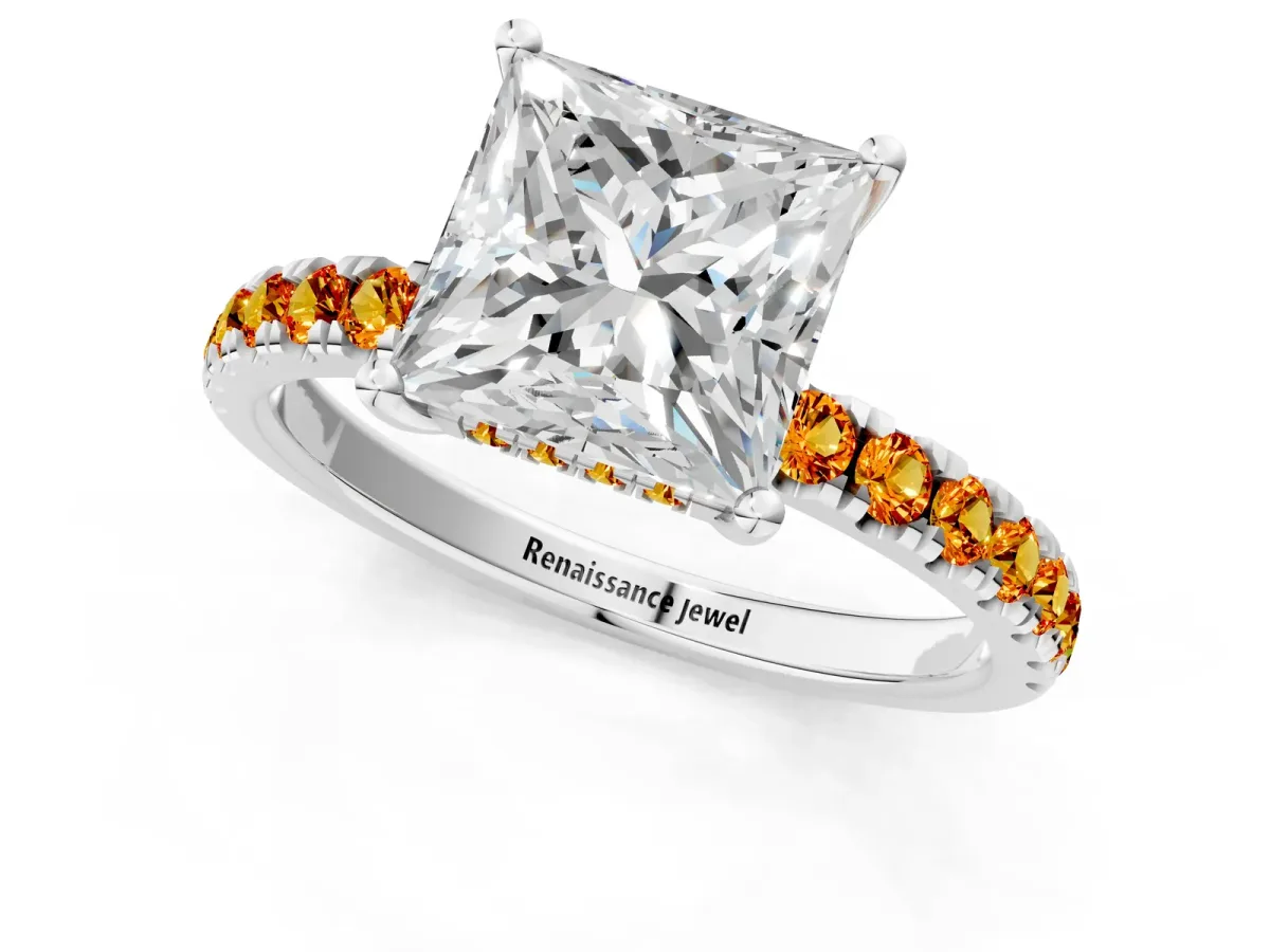 Princess Cut Diamond Pave Band Solitaire Ring with Round Citrine and Prong Setting Platinum