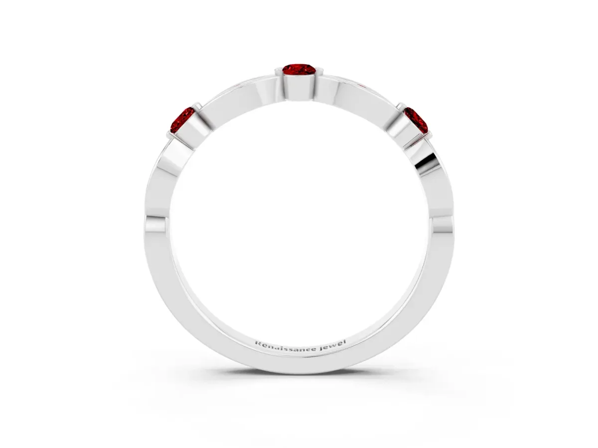 Marquise and Round Ruby Milgrain Band with Bezel Setting White gold