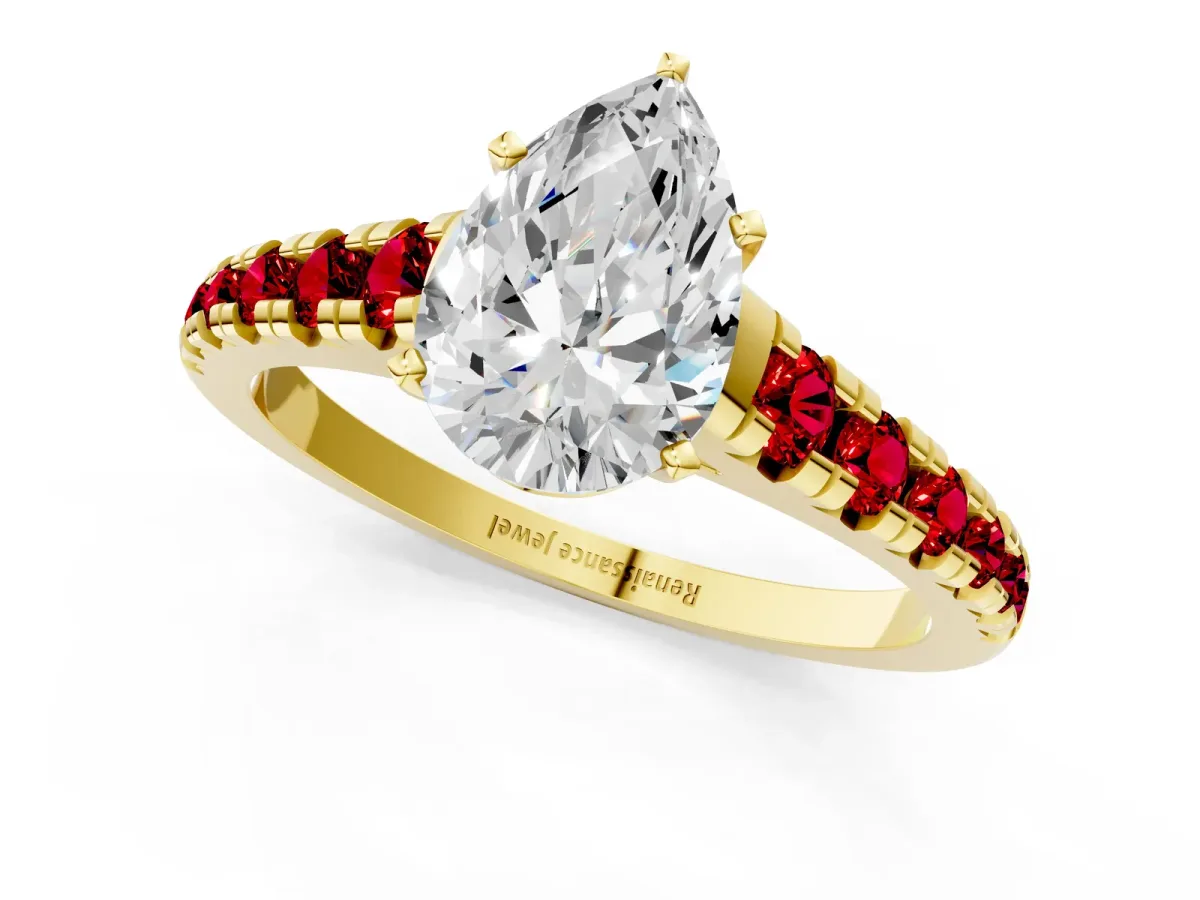 Pear Cut Diamond Cathedral Solitaire Ring with Round Ruby Pavé Band Yellow gold