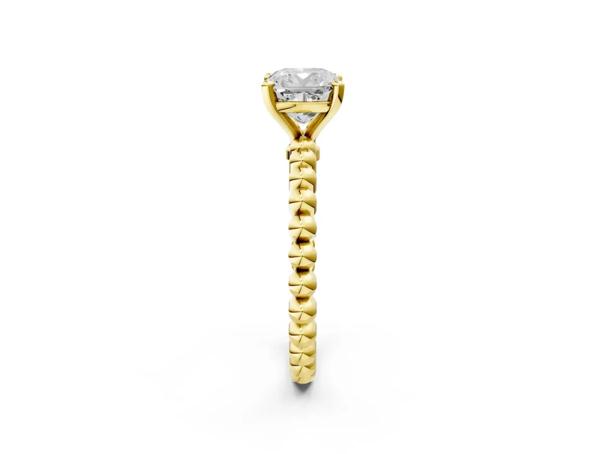 Cushion Cut Diamond Solitaire Ring with Beaded Band and Prong Setting Yellow gold