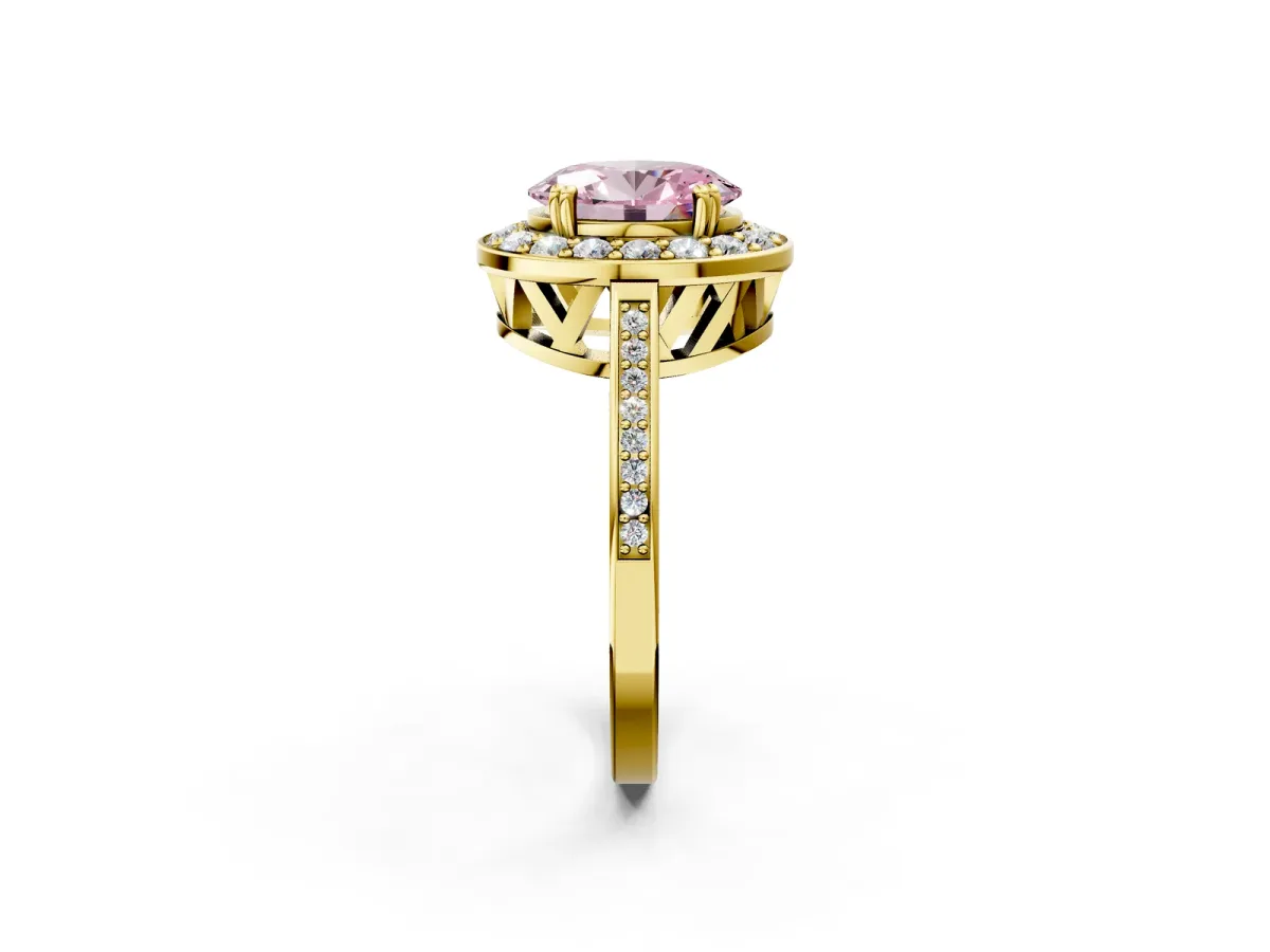 Fancy Pink Oval Cut Diamond Halo Ring with Split Shank and Four-Prong Setting Yellow gold