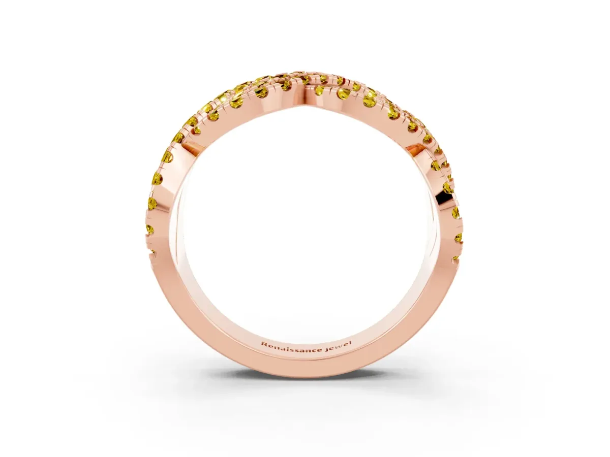 Pavé Round Yellow Sapphire Infinity Twist Band with Shared Prong Setting Rose gold