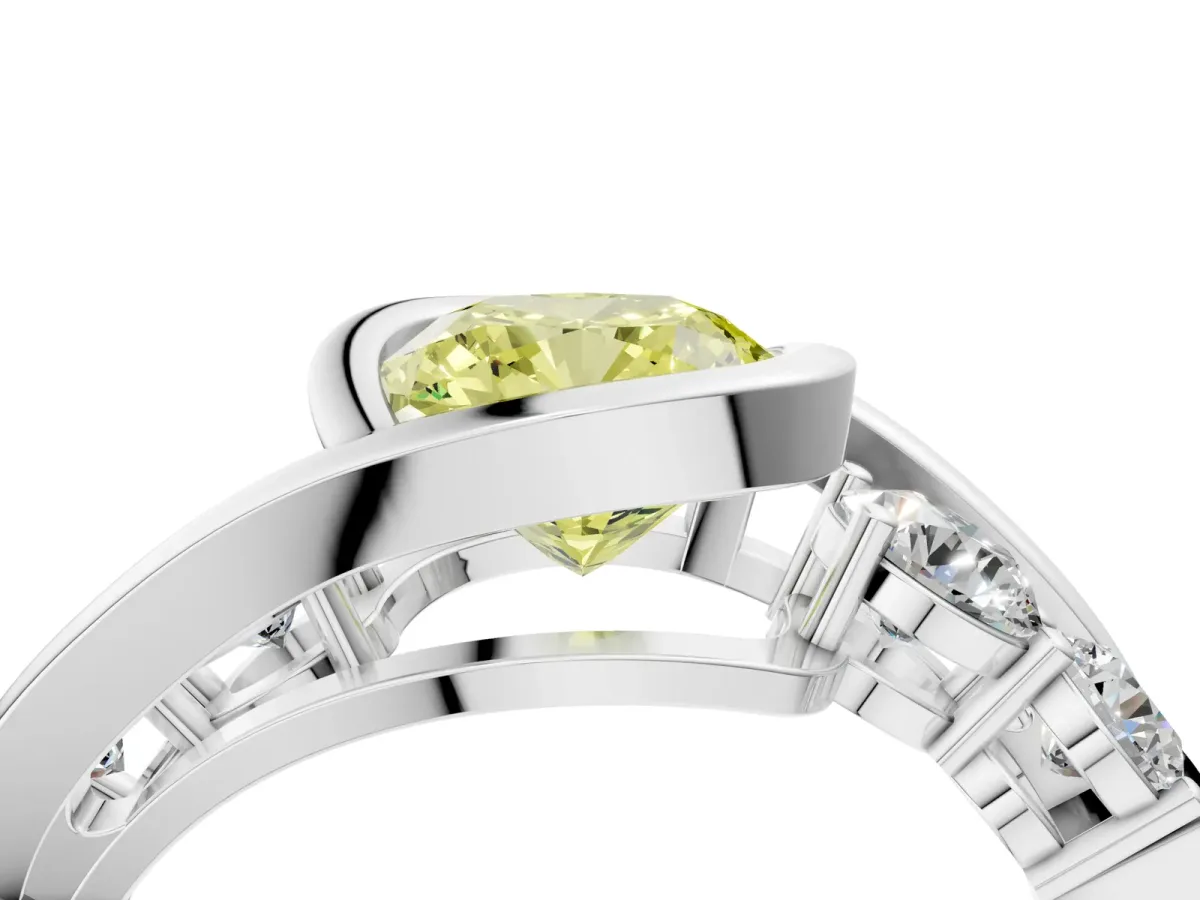 Fancy Yellow Bezel Set Cushion Cut Diamond Bypass Ring with Round Accents Silver