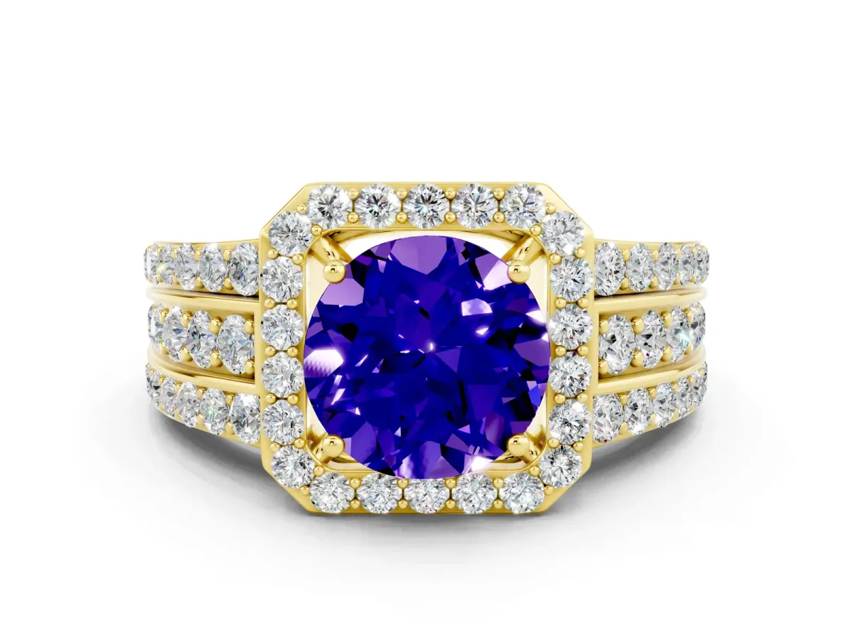 Round Cut Halo Tanzanite Ring with Round Split Shank and Prong Setting Yellow gold