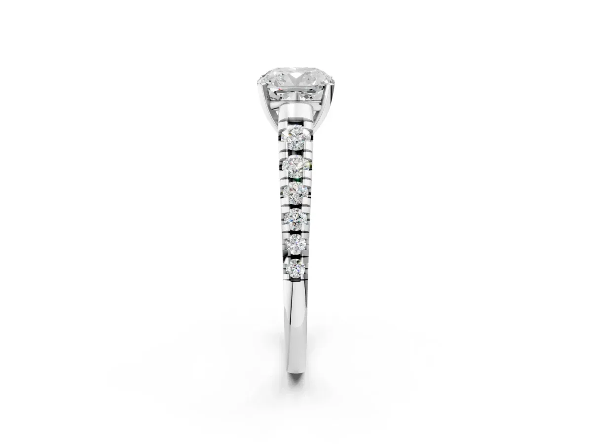 Cushion Cut Diamond Cathedral Solitaire Ring with Round Moissanite Pavé Band Silver